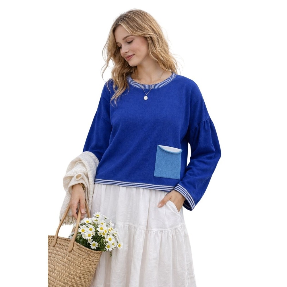 Habitat Blue 100%‎ Cotton Long Sleeve Crew Neck Sweater Pocket S Coastal Cottage